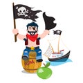 A set of illustrations on the pirate theme. A man sitting on a wooden barrel and holds the Jolly Roger and tricorne. Small fishing