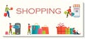 Set of illustrations with pople with shopping bags and presents on plain background, shopping concept Royalty Free Stock Photo