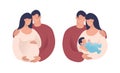 Set of illustrations about pregnancy and family. A couple expecting a baby, a man and a woman with a newborn. Flat