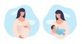 Set of illustrations about pregnancy and motherhood. Pregnant woman with tummy on a background of sky. Girl with a newborn baby on