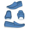 Set of illustrations with shoes, blue denim moccasins. Isolated vector objects.