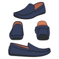 Set of illustrations with shoes, blue denim moccasins. Isolated vector objects.