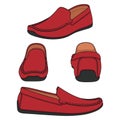 Set of illustrations with shoes, red moccasins. Isolated vector objects. Royalty Free Stock Photo