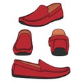 Set of illustrations with shoes, red moccasins. Isolated vector objects.