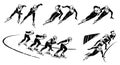 Set of illustrations of speed skaters. Short track.