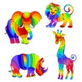 Set of stained glass illustrations with African animals, abstract rainbow elephant, giraffe, lion and Rhino, isolated on white Royalty Free Stock Photo