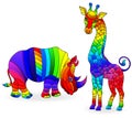 Set of elements in stained glass style , African animals, abstract rainbow giraffe and Rhino, isolated on white background