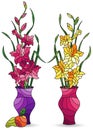 Stained glass illustration with bouquets of gladioli flowers in vases and fruits, isolated on a white background Royalty Free Stock Photo