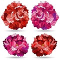 Set of illustrations in a stained glass style with bright peony and rose flowers, isolated on a white background