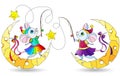 Stained glass illustration with cute cartoon mice on the moon, isolated figures on a white background