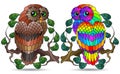 A set of illustrations in stained glass style with a cute owls on a branches, dark contours on white background