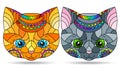 Stained glass illustration with  the faces of cute cartoon cats, animals isolated on a white background Royalty Free Stock Photo