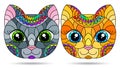 Stained glass illustration with  the faces of cute cartoon cats, animals isolated on a white background Royalty Free Stock Photo