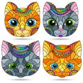 Set of illustrations in the stained glass style with the faces of cute cartoon cats, animals isolated on a white background Royalty Free Stock Photo