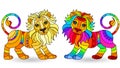 Stained glass illustration with figures of abstract rainbow lions, isolated on a white background