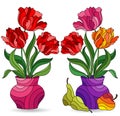 Stained glass illustration with floral still lifes, Tulips flowers in vases isolated on a white background