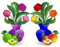 Stained glass illustration with floral still lifes, Tulips flowers in vases isolated on a white background