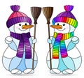 Stained glass illustration with funny cartoon snowmen, bright figures isolated on a white background