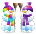 Stained glass illustration with funny cartoon snowmen, bright figures isolated on a white background