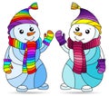 Stained glass illustration with funny cartoon snowmen, bright figures isolated on a white background