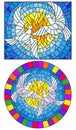 A set of illustrations in stained glass style with a pair of white doves on the background of the daytime sky Royalty Free Stock Photo