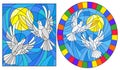 A set of illustrations in stained glass style with a pair of white doves on the background of the daytime sky and clouds Royalty Free Stock Photo