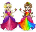 Stained glass illustration with Princess girls in bright dresses, isolated on a white background