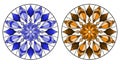 Stained glass illustration with round floral arrangements, blue and brown tone