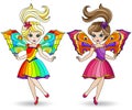 Stained glass illustration with winged fairy girls in bright dresses, isolated on a white background