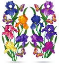 Set of illustrations of stained glass windows with compositions of irises, flowers isolated on a white background