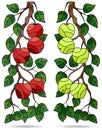 A set of illustrations of stained glass Windows with tree branches, Apple tree branch with ripe fruit and leavesound Royalty Free Stock Photo