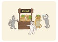 A set of illustrations of a stand with lemonade and cats. Lemonade stand, kitten, ice, lemon, shoppers, summer time