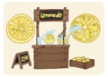 A set of illustrations of a stand with lemonade. Lemonade stand, lemon crate, ice, lemon, summer time, ready to use, eps