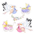 Set of illustrations. Stork with baby. Baby carriage . Baby shower. Vector Royalty Free Stock Photo