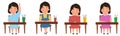 A set of illustrations with a student sitting at a classroom desk. The Asian girl at the table raised her hand Royalty Free Stock Photo