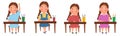 A set of illustrations with a student sitting at a classroom desk. The girl with pigtails at the table raised her hand