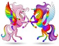 Stained glass illustration with abstract cartoon pegasus, animals isolated on a white background