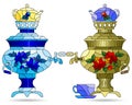 Stained glass illustration with bright Russian samovars and teapots, dishes isolated on a white background