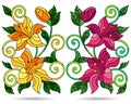 Stained glass illustration with compositions of lilies, flowers isolated on a white background Royalty Free Stock Photo