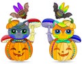 Set of illustrations in the style of stained glass for Halloween with cute cats in a pumpkin, animals isolated Royalty Free Stock Photo