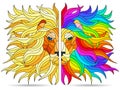 Stained glass illustration with portraits of lions, muzzles isolated on a white background