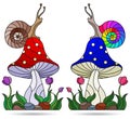 Stained glass illustration with snails on mushrooms, isolated on a white background Royalty Free Stock Photo