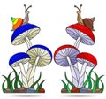 Stained glass illustration with snails on mushrooms, isolated on a white background Royalty Free Stock Photo