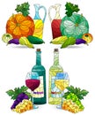 Set of illustrations in the style of stained glass with still lifes with wine and pumpkin, dark contours on a white background