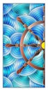 Stained glass illustration on a marine theme, an steering wheel on a blue background