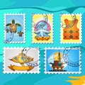 A set of illustrations stylized for postage stamps on the theme of the sea