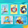 A set of illustrations stylized for postage stamps on the theme of the sea and cruises