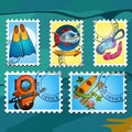 A set of illustrations stylized for postage stamps on the topic of diving