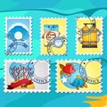 A set of illustrations stylized for postage stamps on the topic of diving