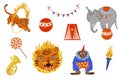 Set of illustrations on the theme of the circus for creating stickers